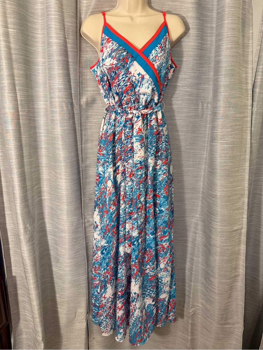 Bar III Painterly Print Wrap-Front Maxi Dress in Blue and Coral
